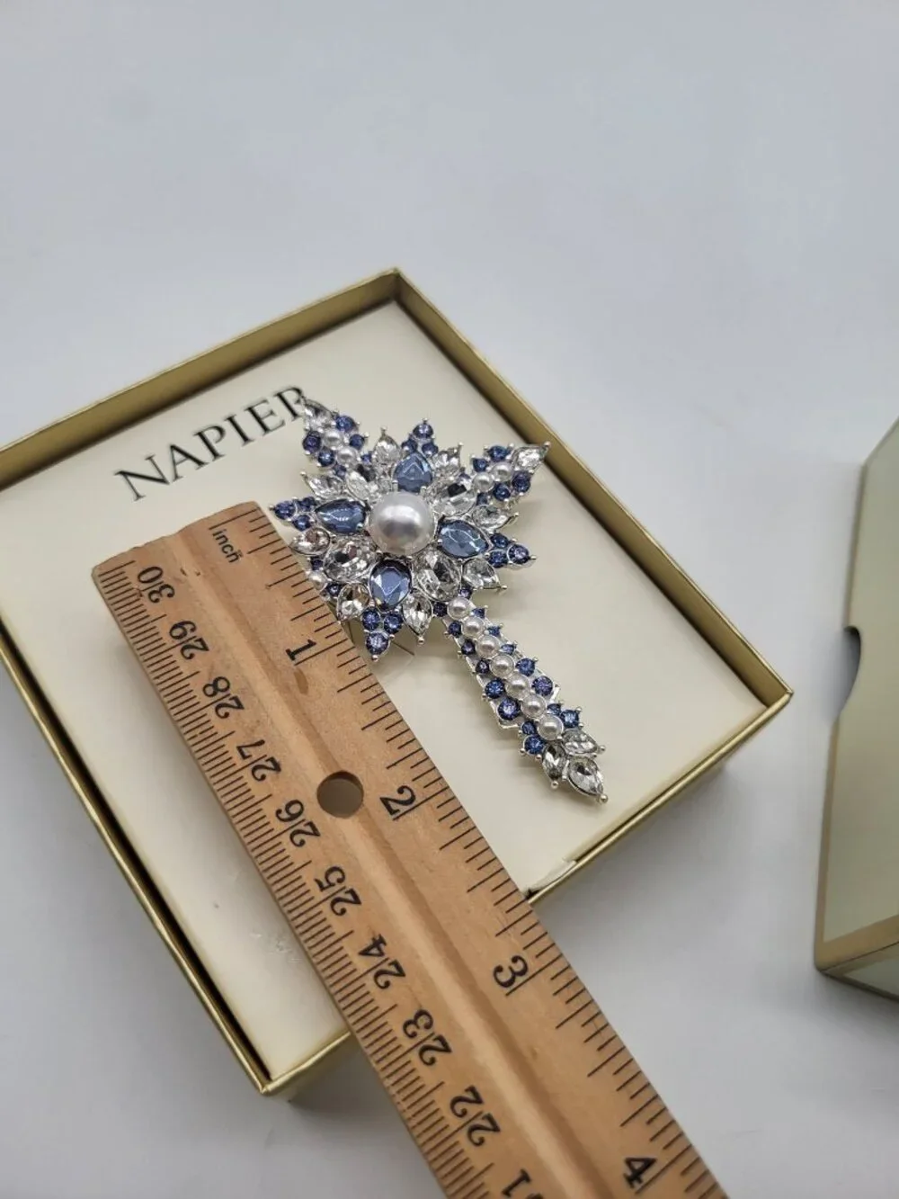 NAPIER Silver Tone 3D Cross Brooch Rhinestones Faux Pearls Blue Clear Religious